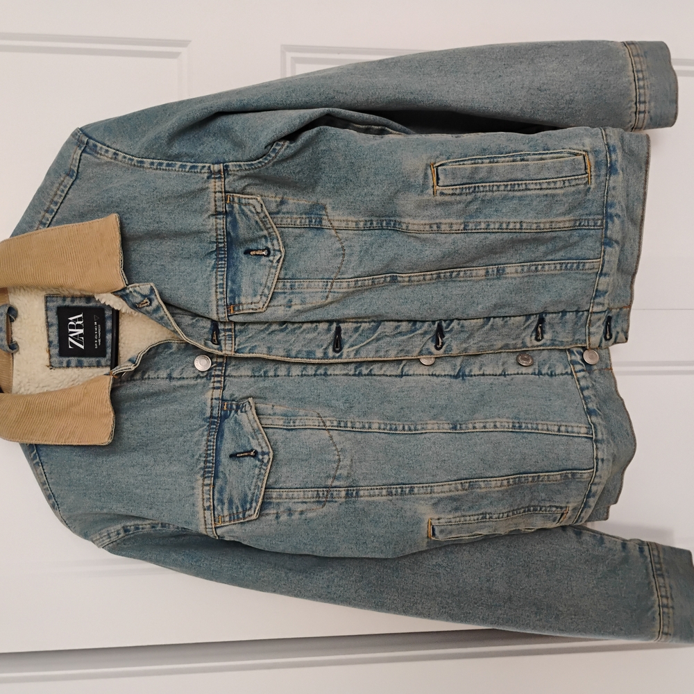 Zara Blue Denim Jacket with Tan Collar